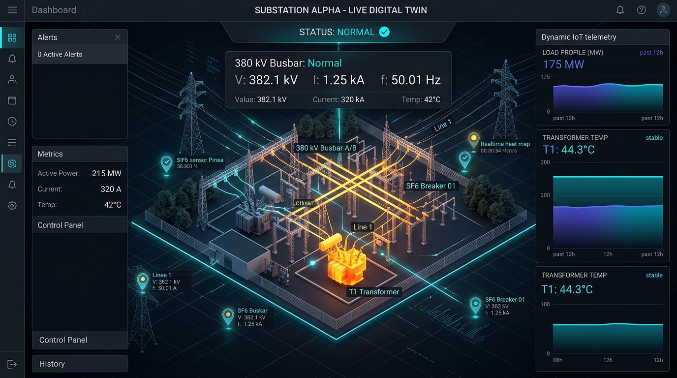 Szene 5 - Digital Twin Dashboard mit Echtzeit-Sensordaten und Lastfluss